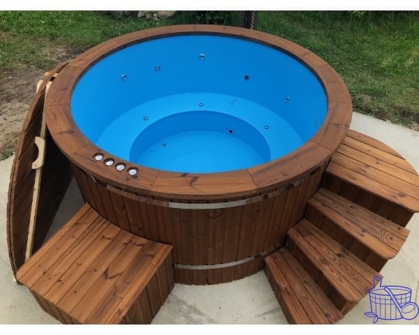 Круглая пластиковая гидромассажная купель с наружной печью из нержавеющей стали